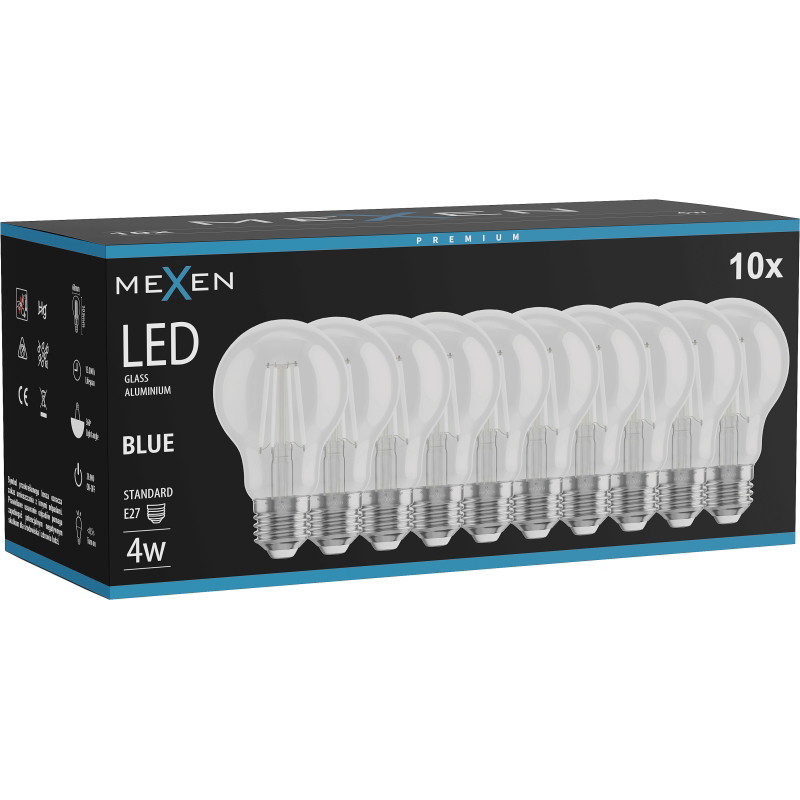 Mexen Vintis 10x LED филамент крушка E27, A60, 4W, 55 lm, синя - L150-E27-04XX-47x10