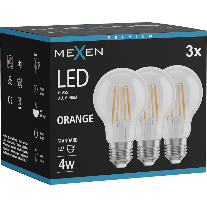 Mexen Vintis 3x LED филамент крушка E27, A60, 4W, 55 lm, оранжева - L150-E27-04XX-48x03