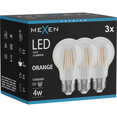 Mexen Vintis 3x LED филамент крушка E27, A60, 4W, 55 lm, оранжева - L150-E27-04XX-48x03