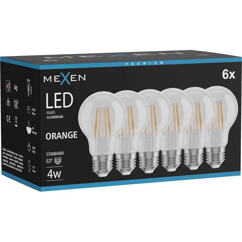 Mexen Vintis 6x LED филаментна крушка E27, A60, 4W, 55 lm, оранжева - L150-E27-04XX-48x06