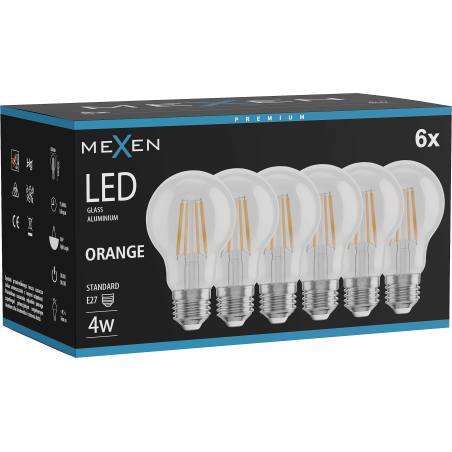 Mexen Vintis 6x LED филаментна крушка E27, A60, 4W, 55 lm, оранжева - L150-E27-04XX-48x06