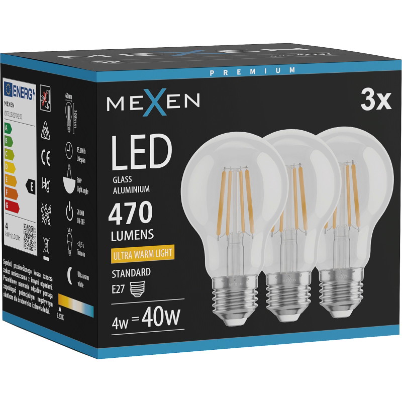 Mexen Vintis 3x LED нажежаема крушка E27, A60, 4W, Топло - 2200K, 470 lm, прозрачно