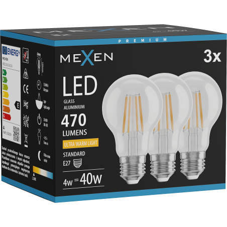 Mexen Vintis 3x LED нажежаема крушка E27, A60, 4W, Топло - 2200K, 470 lm, прозрачно