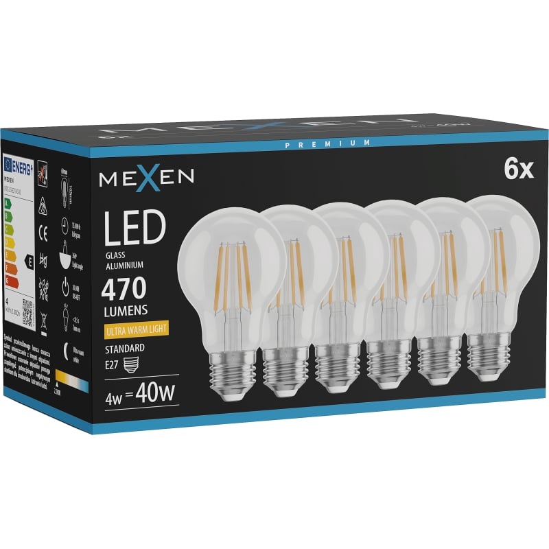 Mexen Vintis 6x LED филамент крушка E27, A60, 4W, Топла - 2200K, 470 lm, прозрачна