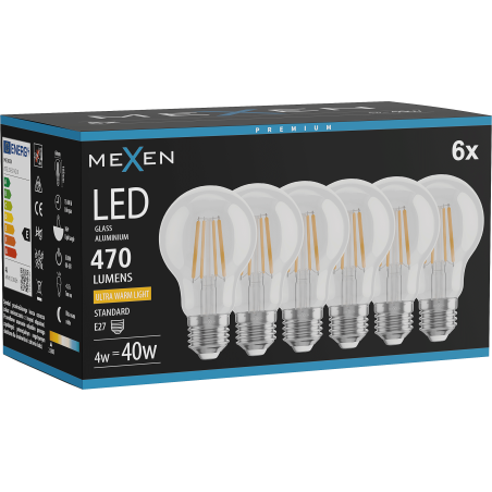Mexen Vintis 6x LED филамент крушка E27, A60, 4W, Топла - 2200K, 470 lm, прозрачна