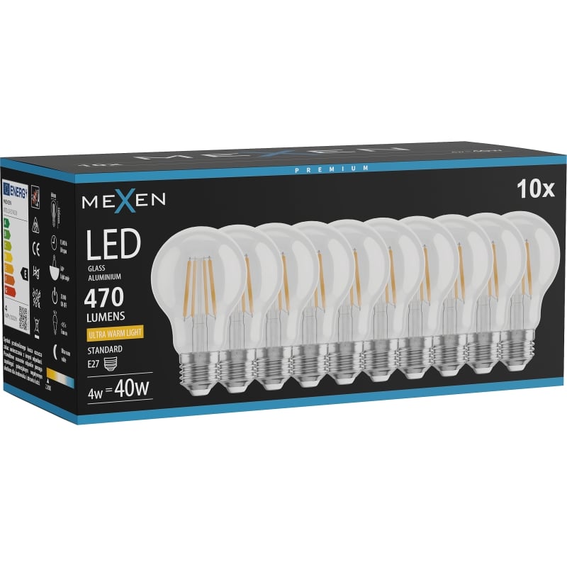 Mexen Vintis 10x LED филаментна крушка E27, A60, 4W, Топла - 2200K, 470 lm, прозрачна