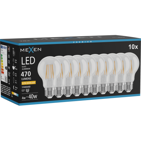 Mexen Vintis 10x LED филаментна крушка E27, A60, 4W, Топла - 2200K, 470 lm, прозрачна