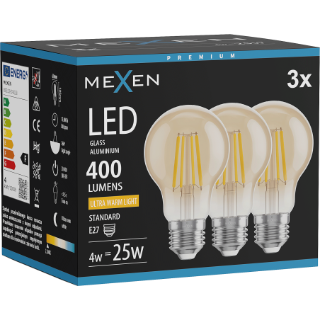 Mexen Vintis 3x LED филаментна крушка E27, A60, 4W, Топла - 2200K, 400 lm, амбър - L150-E27-0422-50x03