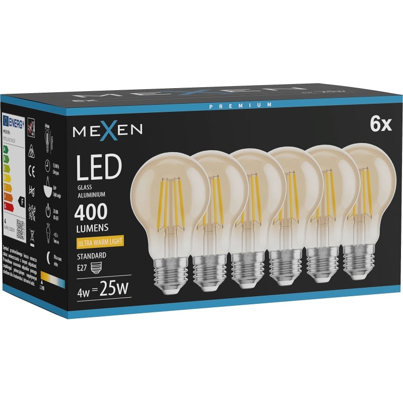 Mexen Vintis 6x LED филамент крушка E27, A60, 4W, Топла - 2200K, 400 lm, амбър - L150-E27-0422-50x06