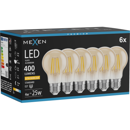 Mexen Vintis 6x LED филамент крушка E27, A60, 4W, Топла - 2200K, 400 lm, амбър - L150-E27-0422-50x06