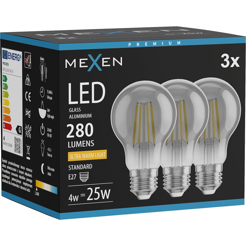 Mexen Vintis 3x LED филамент крушка E27, A60, 4W, Топла - 2200K, 280 lm, димна - L150-E27-0422-70x03