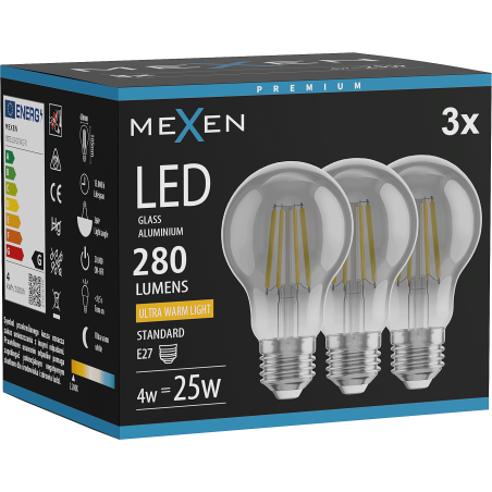 Mexen Vintis 3x LED филамент крушка E27, A60, 4W, Топла - 2200K, 280 lm, димна - L150-E27-0422-70x03
