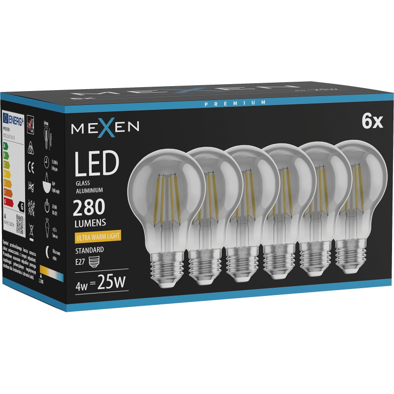 Mexen Vintis 6x LED филаментна крушка E27, A60, 4W, Топло - 2200K, 280 lm, дим - L150-E27-0422-70x06