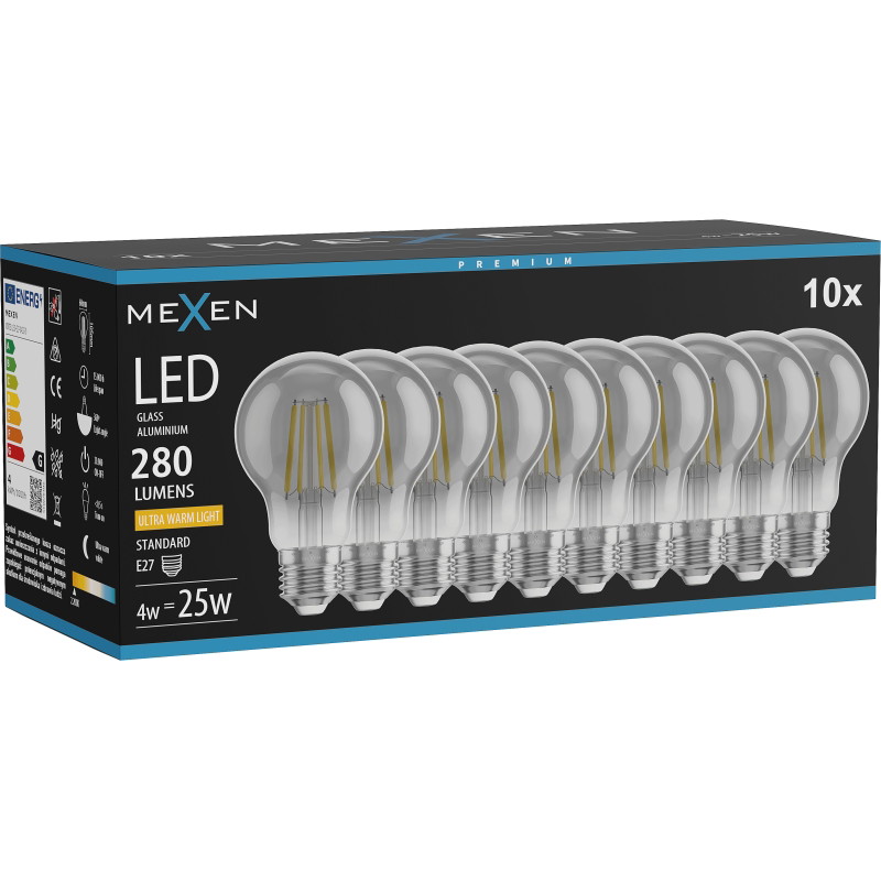 Mexen Vintis 10x LED филaмент крушка E27, A60, 4W, Топла - 2200K, 280 lm, пушек - L150-E27-0422-70x10