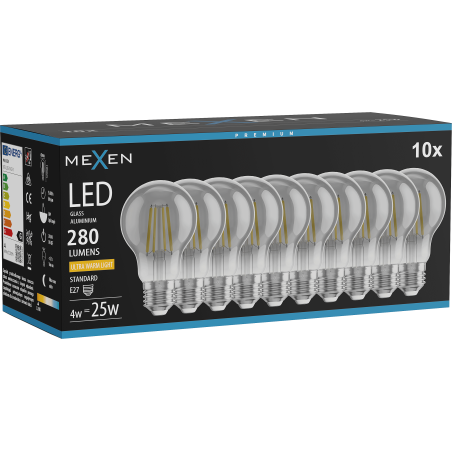 Mexen Vintis 10x LED филaмент крушка E27, A60, 4W, Топла - 2200K, 280 lm, пушек - L150-E27-0422-70x10
