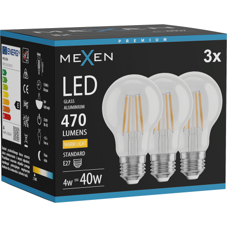 Mexen Vintis 3x LED филаментна крушка E27, A60, 4W, Топла - 2700K, 470 lm, прозрачна