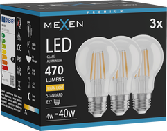 Mexen Vintis 3x LED филаментна крушка E27, A60, 4W, Топла - 2700K, 470 lm, прозрачна
