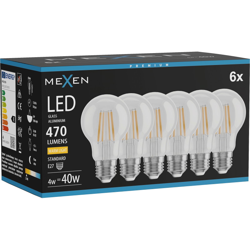 Mexen Vintis 6x LED крушка филтър E27, A60, 4W, Топла - 2700K, 470 lm, прозрачна - L150-E27-0427-00x06