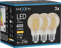 Mexen Vintis 3x LED филамент крушка E27, A60, 4W, Топла - 2700K, 400 lm, кехлибар