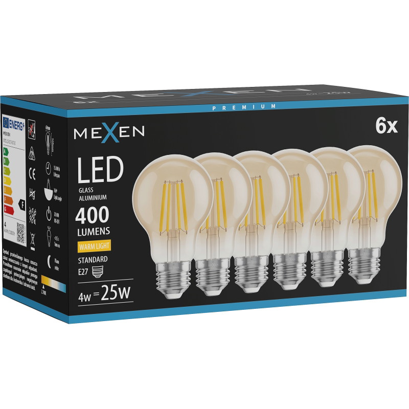 Mexen Vintis 6x LED крушка с нажежена жичка E27, A60, 4W, Топла - 2700K, 400 lm, амбър