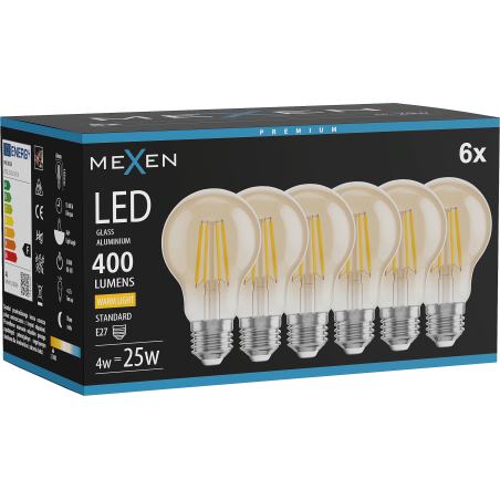 Mexen Vintis 6x LED крушка с нажежена жичка E27, A60, 4W, Топла - 2700K, 400 lm, амбър