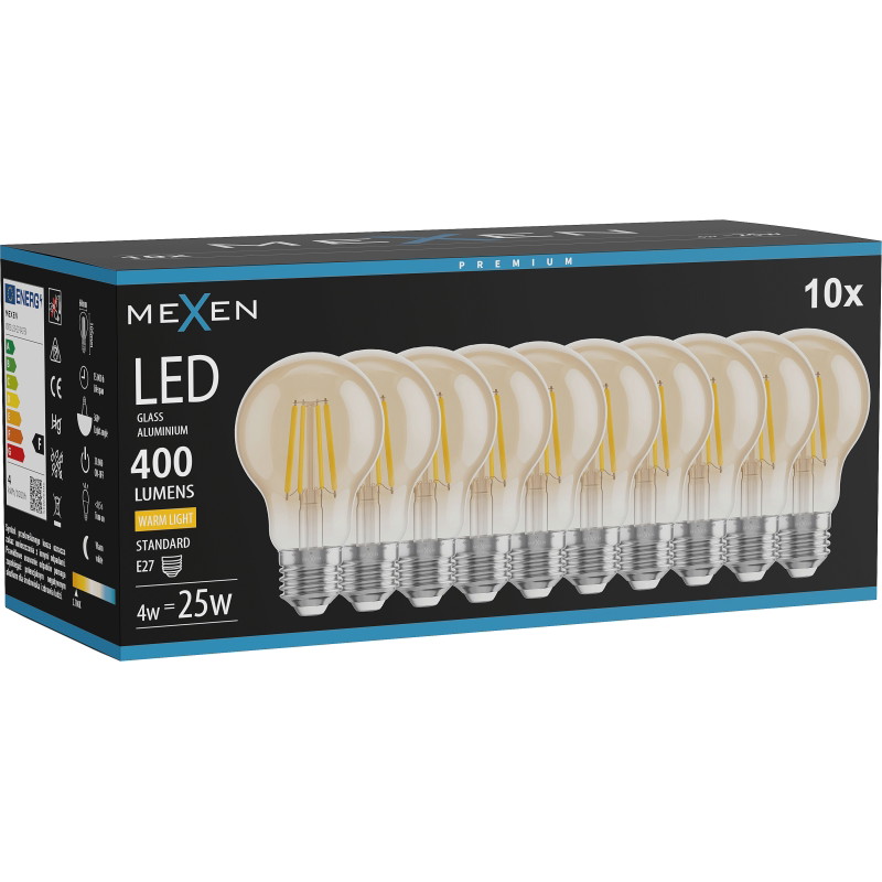 Mexen Vintis 10x LED филаментна крушка E27, A60, 4W, Топло - 2700K, 400 lm, кехлибар