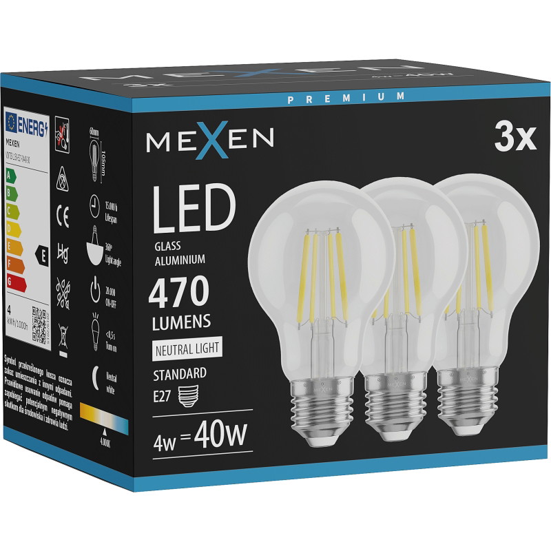 Mexen Vintis 3x LED нажежаема жичка E27, A60, 4W, Неутрална - 4000K, 470 lm, прозрачно