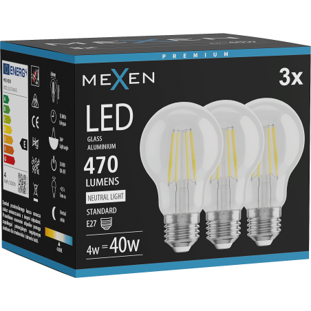 Mexen Vintis 3x LED нажежаема жичка E27, A60, 4W, Неутрална - 4000K, 470 lm, прозрачно