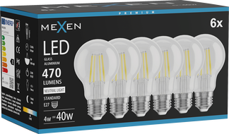 Mexen Vintis 6x LED нажежаема крушка E27, A60, 4W, неутрална - 4000K, 470 lm, прозрачна
