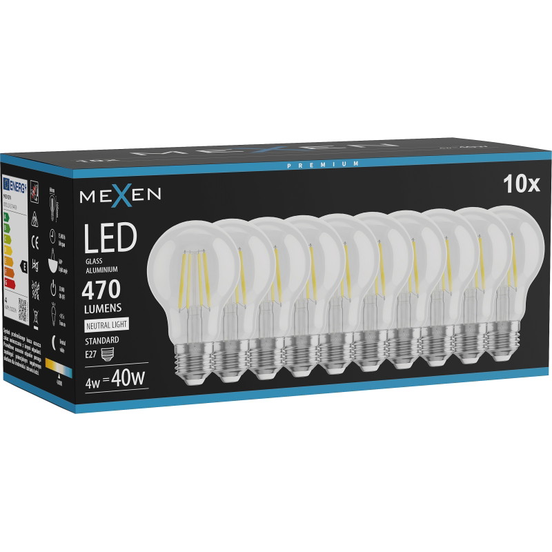 Mexen Vintis 10x LED лампа с нажежаема жичка E27, A60, 4W, Неутрална - 4000K, 470 lm,