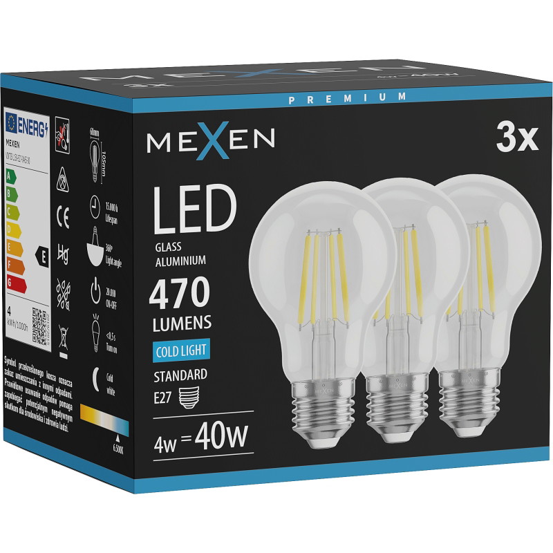 Mexen Vintis 3x LED нажежаема жичка E27, A60, 4W, Студена - 6500K, 470 lm, прозрачно