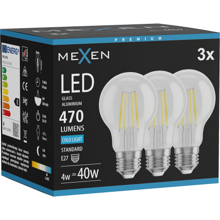 Mexen Vintis 3x LED нажежаема жичка E27, A60, 4W, Студена - 6500K, 470 lm, прозрачно
