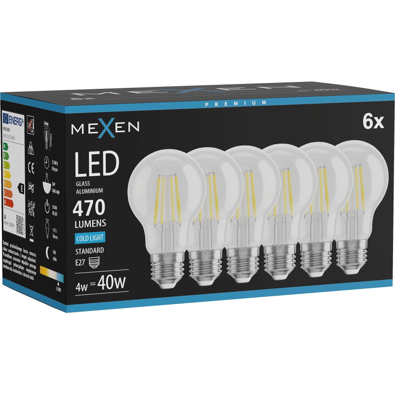 Mexen Vintis 6x Филаментна LED Крушка E27, A60, 4W, Студена - 6500K, 470 lm, прозрачна