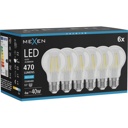 Mexen Vintis 6x Филаментна LED Крушка E27, A60, 4W, Студена - 6500K, 470 lm, прозрачна