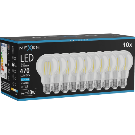 Mexen Vintis 10x LED филаментна крушка E27, A60, 4W, Студена - 6500K, 470 lm, прозрачна