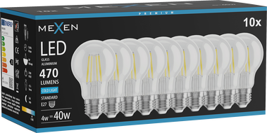 Mexen Vintis 10x LED филаментна крушка E27, A60, 4W, Студена - 6500K, 470 lm, прозрачна