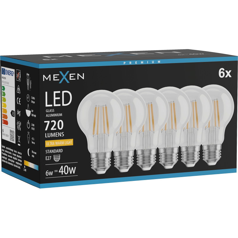 Mexen Vintis 6x LED нажежаема лампа E27, A60, 6W, Топла - 2200K, 720 lm, прозрачно