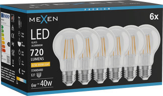 Mexen Vintis 6x LED нажежаема лампа E27, A60, 6W, Топла - 2200K, 720 lm, прозрачно