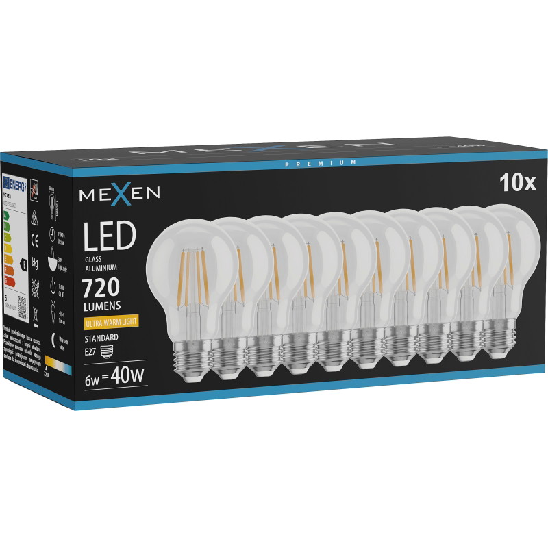 Mexen Vintis 10x LED филамент крушка E27, A60, 6W, Топло - 2200K, 720 lm, чиста - L150-E27-0622-00x10