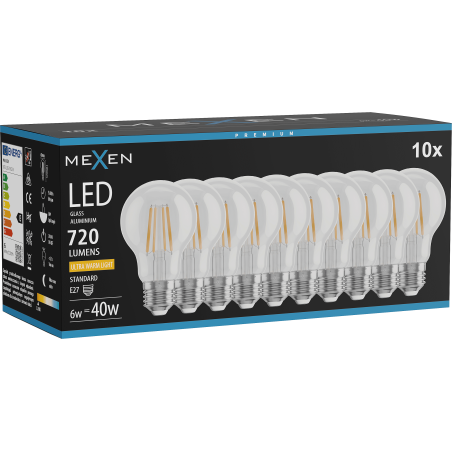 Mexen Vintis 10x LED филамент крушка E27, A60, 6W, Топло - 2200K, 720 lm, чиста - L150-E27-0622-00x10