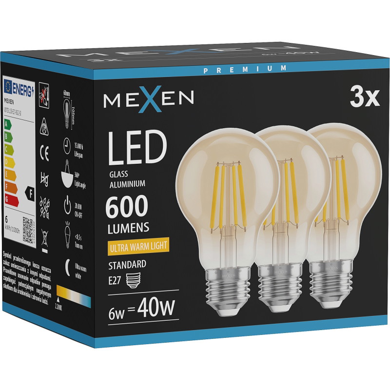 Mexen Vintis 3x LED филамент крушка E27, A60, 6W, Топла - 2200K, 600 lm, амбър - L150-E27-0622-50x03