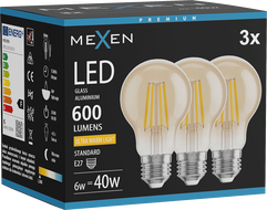 Mexen Vintis 3x LED филамент крушка E27, A60, 6W, Топла - 2200K, 600 lm, амбър - L150-E27-0622-50x03