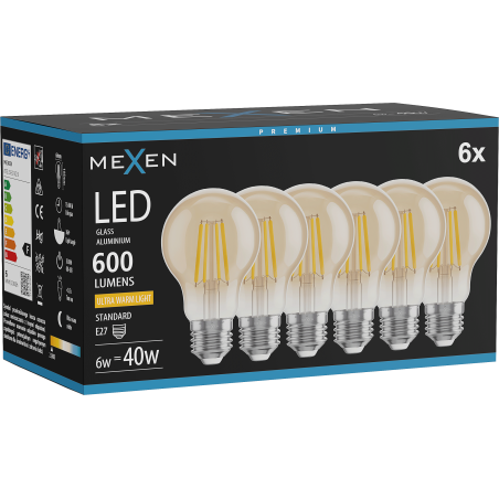 Mexen Vintis 6x LED филаментна крушка E27, A60, 6W, Топла - 2200K, 600 lm, кехлибар