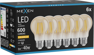 Mexen Vintis 6x LED филаментна крушка E27, A60, 6W, Топла - 2200K, 600 lm, кехлибар