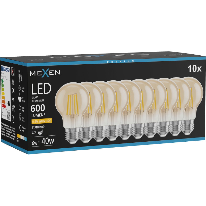 Mexen Vintis 10x LED филамент крушка E27, A60, 6W, Топло - 2200K, 600 lm, кехлибар