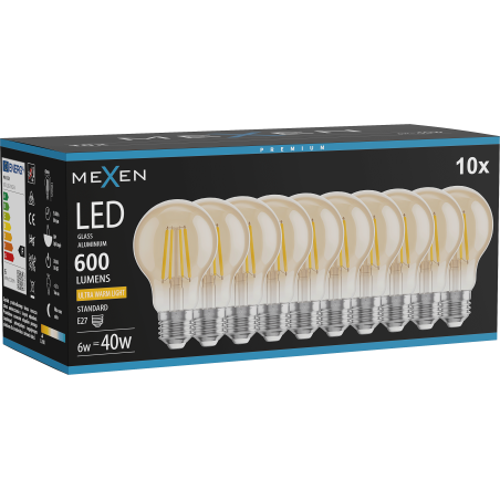 Mexen Vintis 10x LED филамент крушка E27, A60, 6W, Топло - 2200K, 600 lm, кехлибар