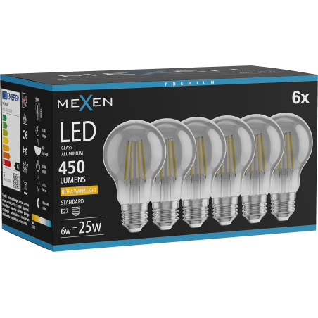 Mexen Vintis 6x LED филаментна крушка E27, A60, 6W, Топла - 2200К, 450 lm, пушек