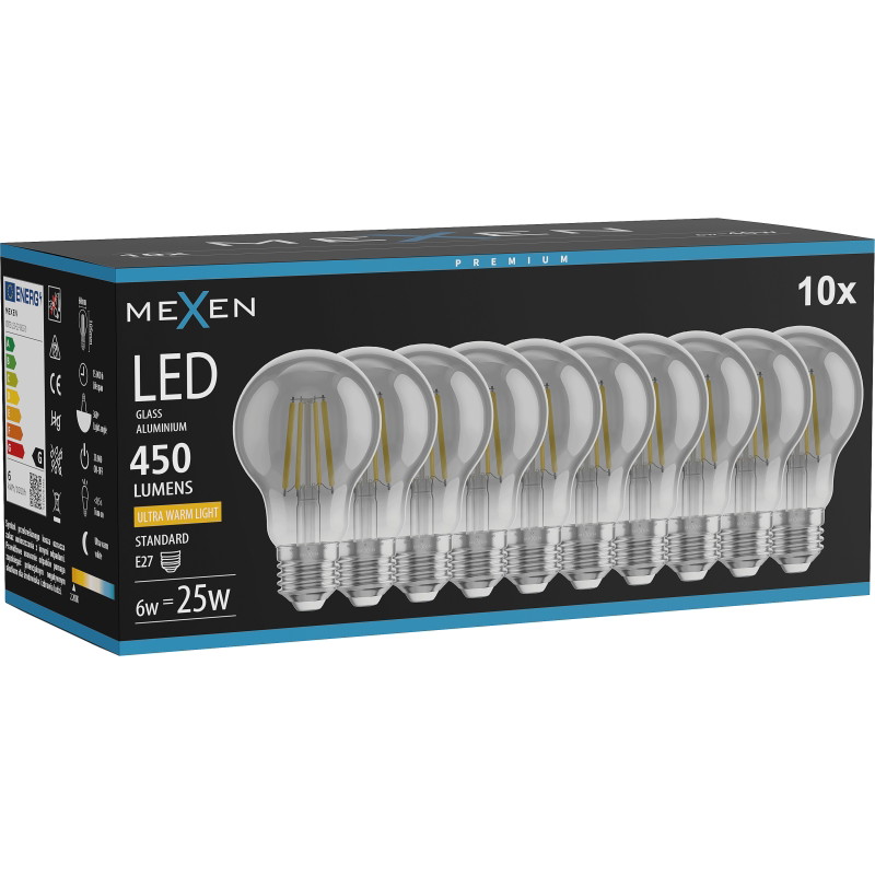 Mexen Vintis 10x LED филамент крушка E27, A60, 6W, Топла - 2200K, 450 lm, smoke - L150-E27-0622-70x10