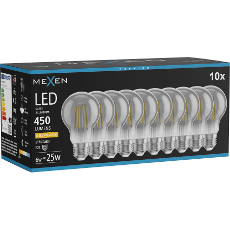 Mexen Vintis 10x LED филамент крушка E27, A60, 6W, Топла - 2200K, 450 lm, smoke - L150-E27-0622-70x10