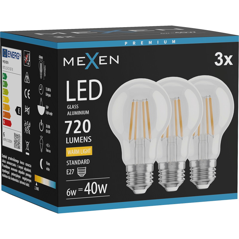 Mexen Vintis 3x LED нажежаема жичка E27, A60, 6W, Топла - 2700K, 720 lm, прозрачна
